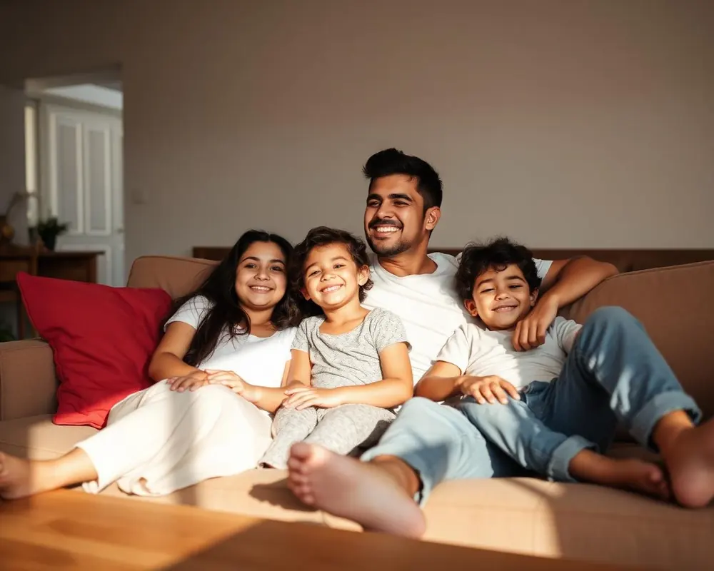 Família reunida em casa conversando sobre o plano de saúde